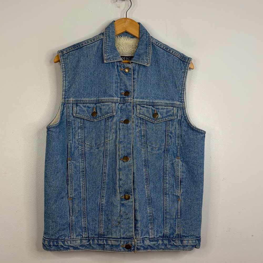 Vintage Denim Vest Mens Large Blue Jean Sherpa Fleece Lined 80s 90s Streetwear